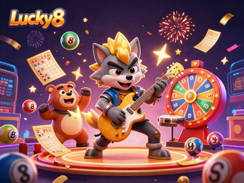 Experience the excitement of Lucky8 with a 3D depiction of a cartoon wolf rock star performing at a vibrant casino stage.