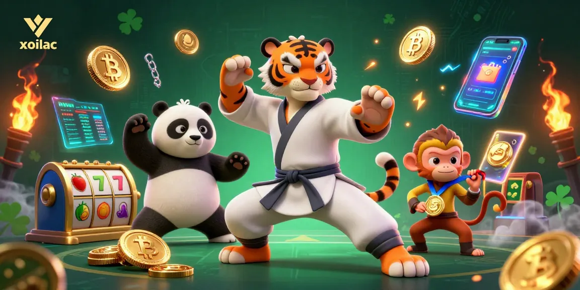 Engage with the vibrant xoilac casino scene featuring energetic characters and crypto elements.