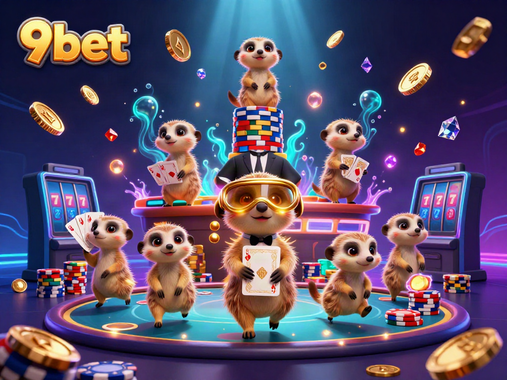 Experience thrilling gameplay at 9bet with cartoon meerkats operating a vibrant casino.