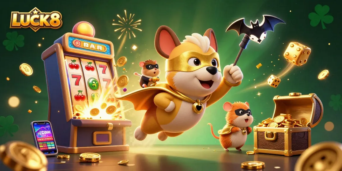 LUCK8's exciting gaming experience showcasing a superhero dog and hamster amid casino chaos.