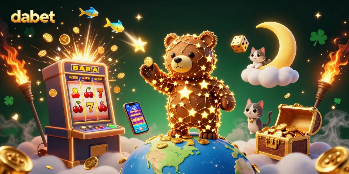 Witness dabet’s thrill with a cosmic bear collecting coins from a vibrant slot machine.