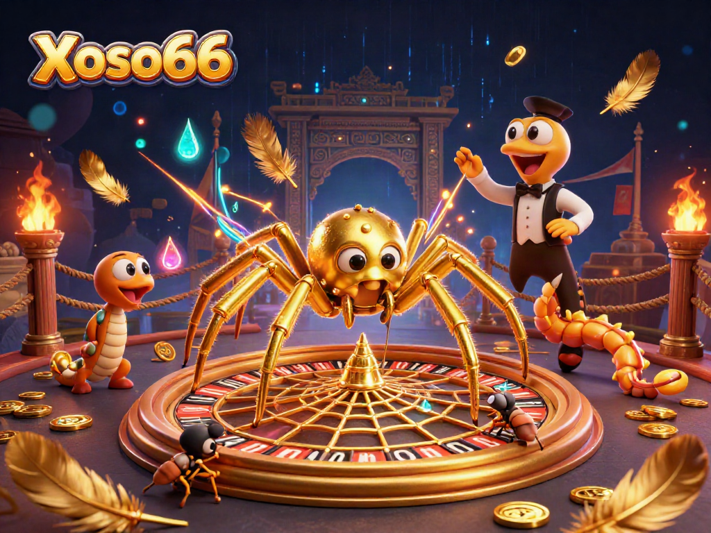 Bet on Xoso66 with excitement as the golden spider and croupier bring the casino to life.