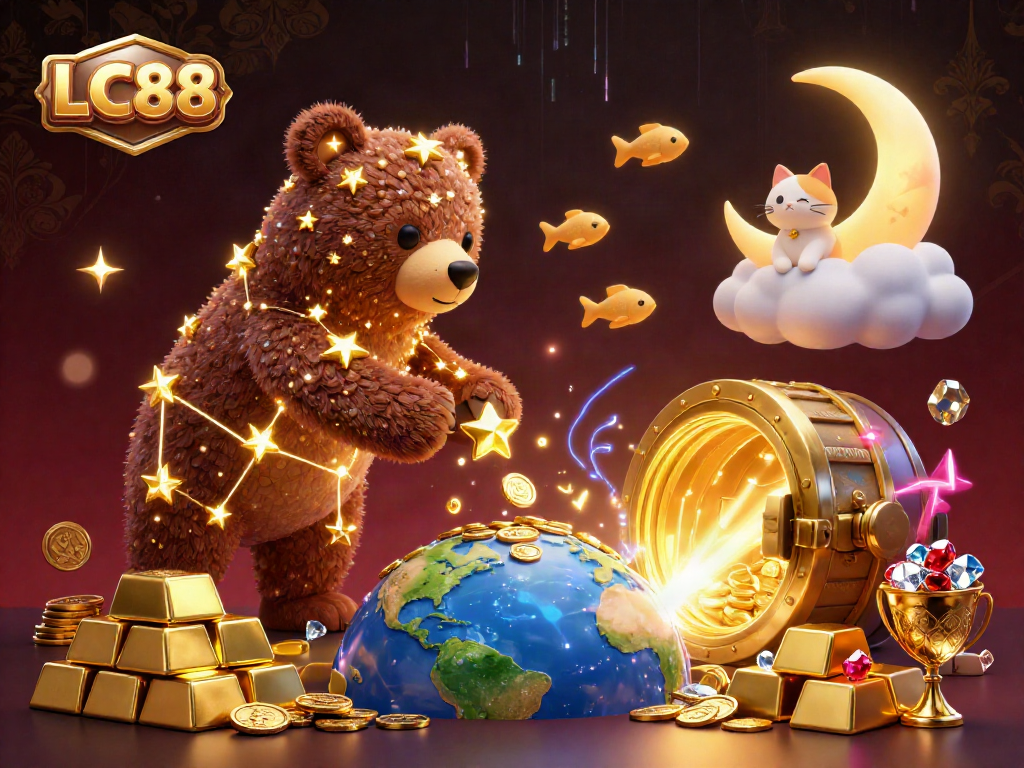 Join the adventure with LC88 as the constellation bear scoops up coins from Earth in a vibrant 3D casino scene.
