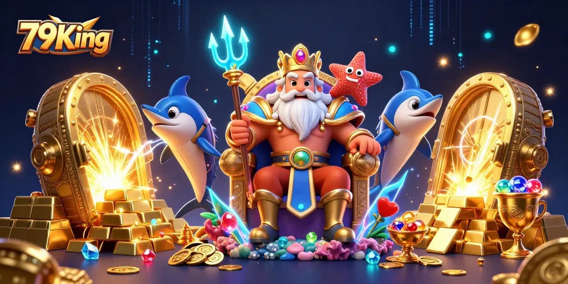 Experience vibrant gaming at 79King with Neptune and treasures in this lively casino scene.