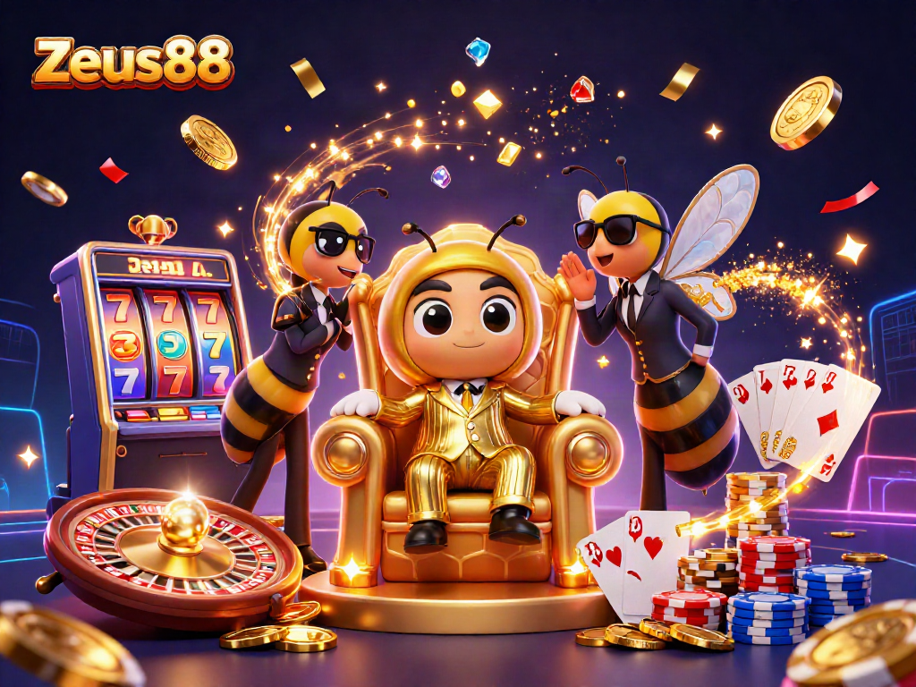 Experience the excitement of Zeus88 with a buzzing bumblebee mob boss surrounded by soaring coins and winning reels.