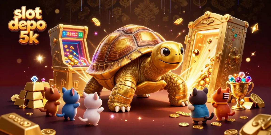 Experience the excitement of slot depo 5k with a vibrant illustration featuring a colossal golden tortoise and treasure elements.