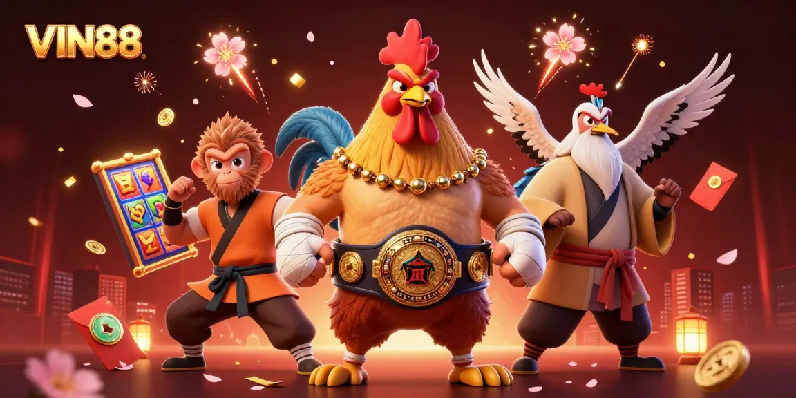 Experience captivating gaming action with the dynamic characters at VIN88, exploring thrilling slots and festive elements.