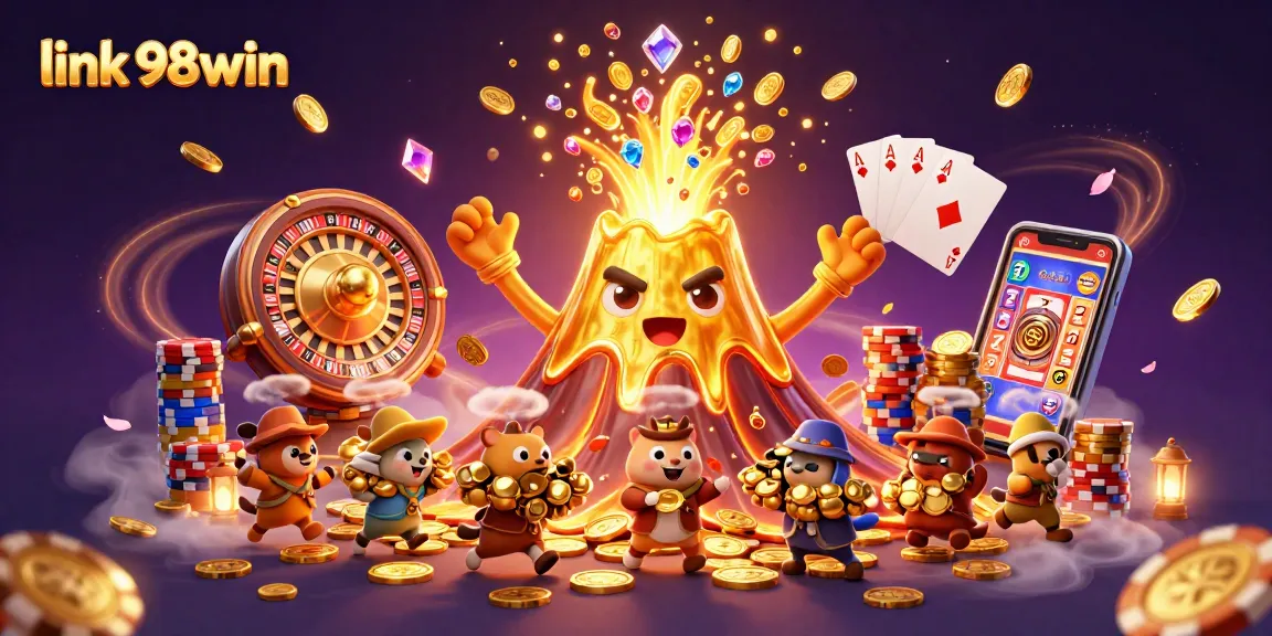 Experience the thrill of link 98win with coins and treasures bursting from an erupting volcano.