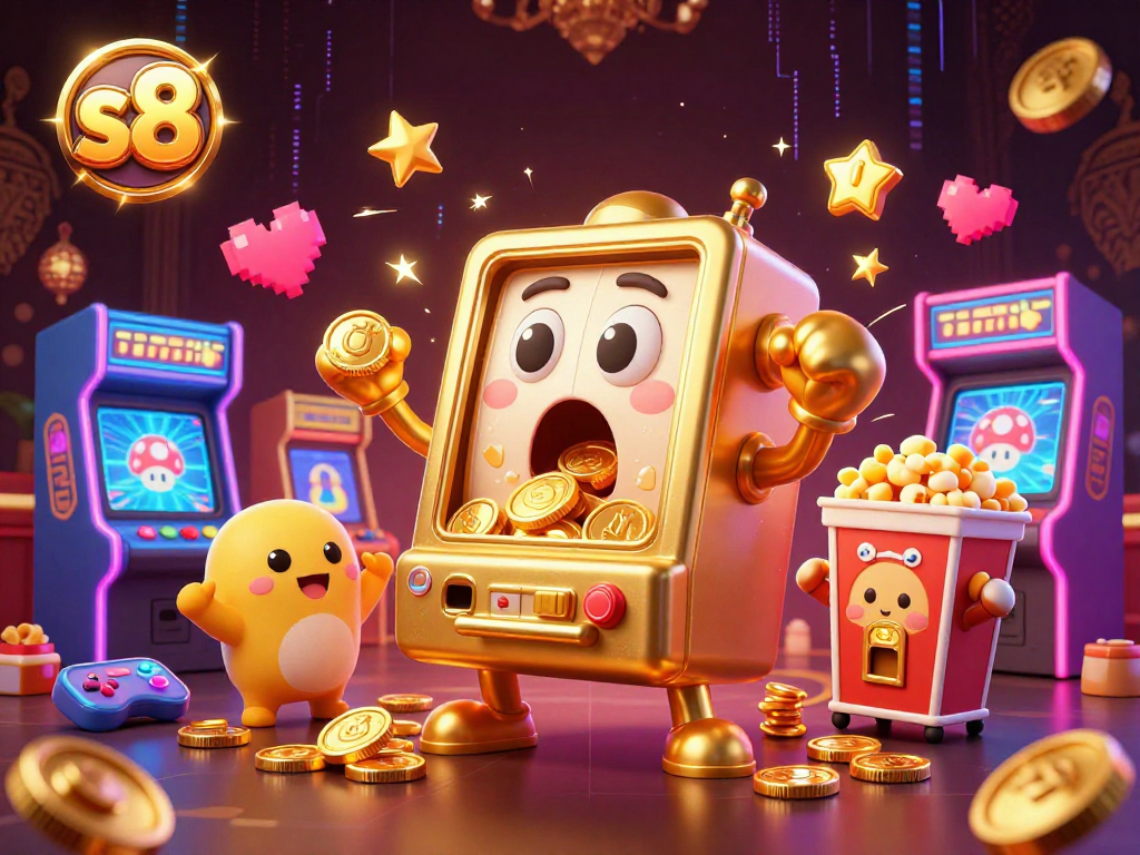 S8 slot machine celebrating a jackpot win while baby slots cheer in a vibrant casino scene.