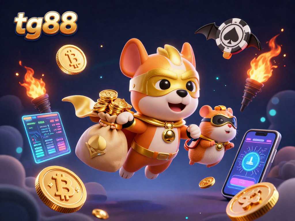 Experience exciting gaming opportunities with tg88, featuring cartoon characters amidst vibrant casino elements.
