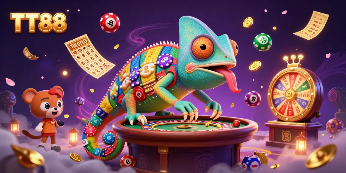 Engage with vibrant TT88 gaming elements in a thrilling casino scene featuring a colorful chameleon.