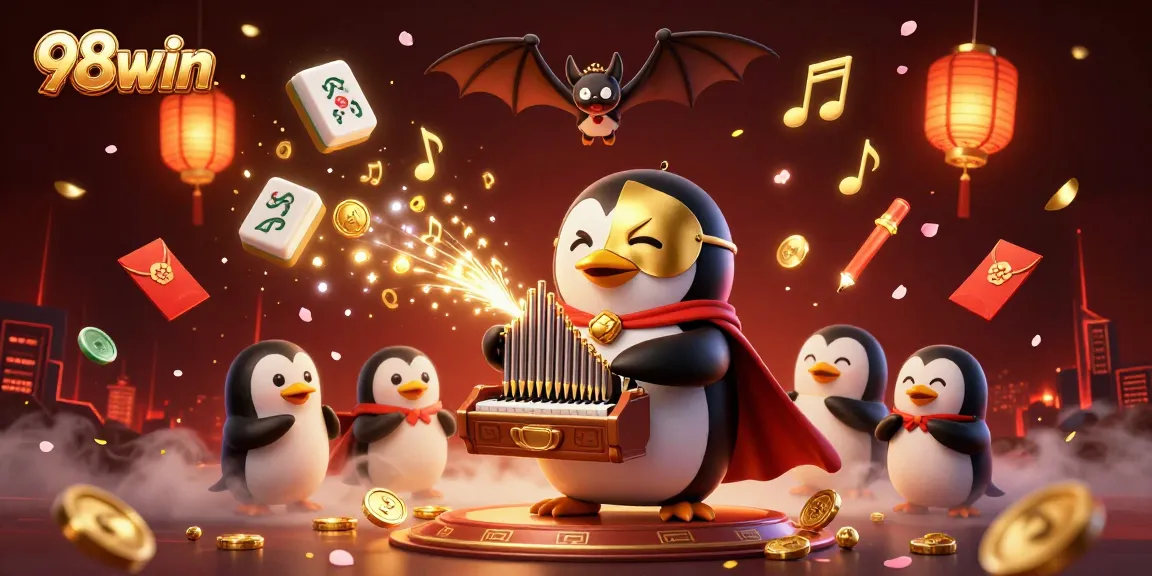 Experience the thrill of 98win as the phantom opera penguin plays music amidst gold coins and casino elements.