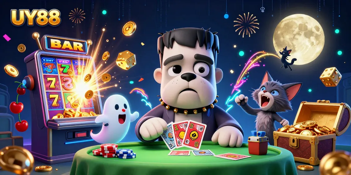 Experience thrilling casino action at UY88 with a vibrant 3D illustration featuring engaging characters and games.