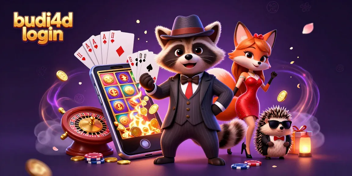 Join the excitement at budi4d login with a flamboyant gaming scene featuring stylish characters, vibrant slot games, and dynamic casino elements.