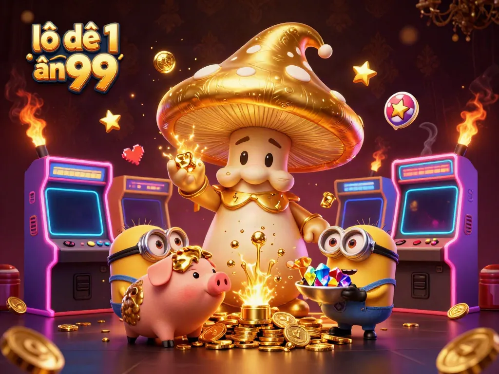 Experience the excitement of lô đề 1 ăn 99 with golden mushroom wizard and treasures in a vibrant casino scene.