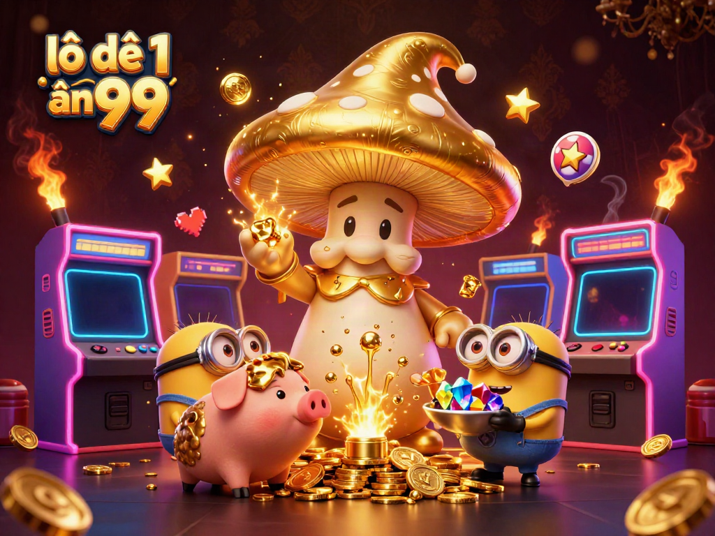 Experience the excitement of lô đề 1 ăn 99 with golden mushroom wizard and treasures in a vibrant casino scene.