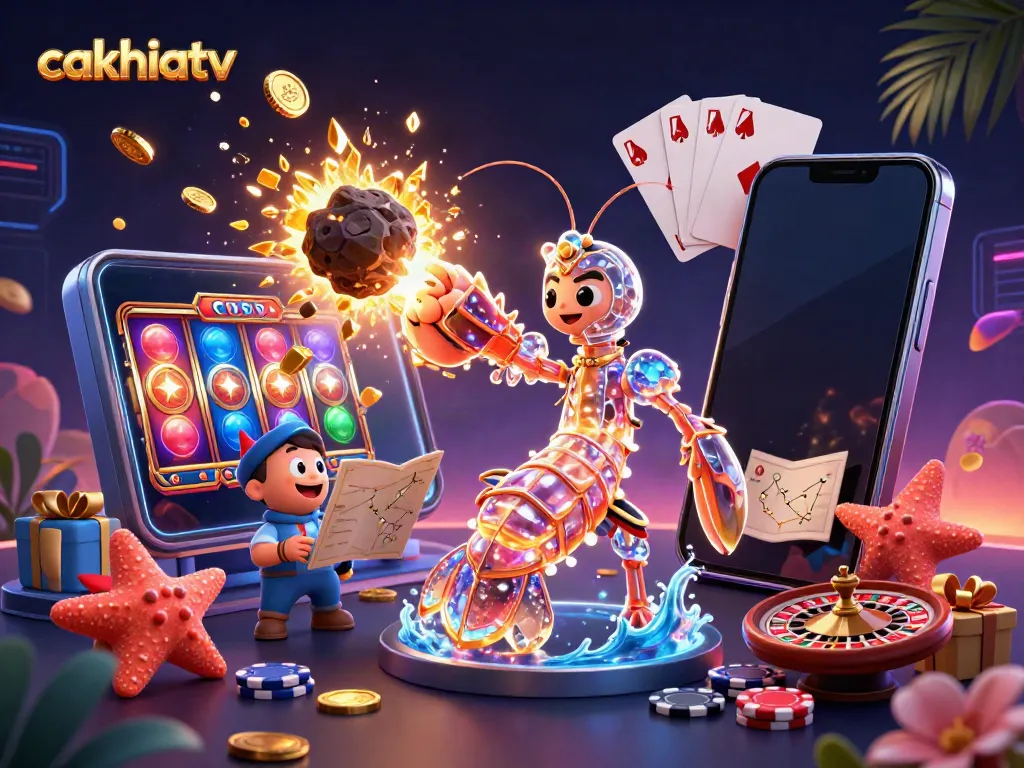 Cakhiatv enhances gameplay with a galactic samurai mantis shrimp and starfish in action amidst dazzling gems.