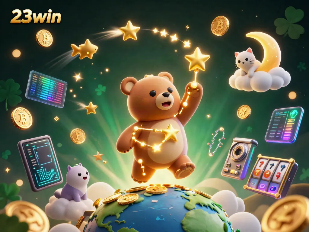 A 3D constellation bear associated with 23win scooping up coins in a vibrant casino-themed scene.