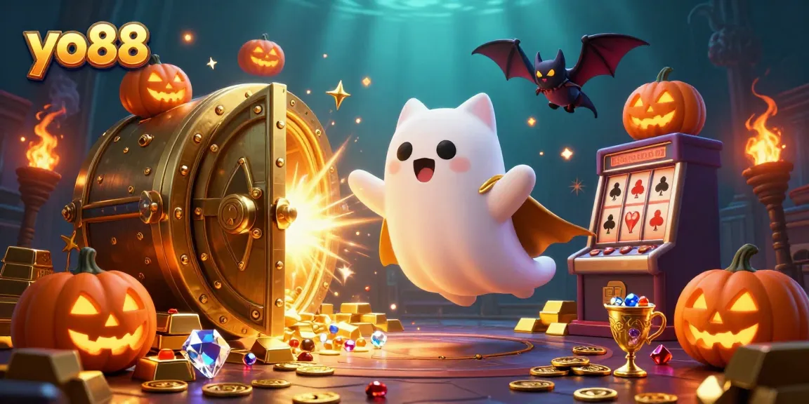 Win big at yo88 with a friendly ghost cat navigating a vibrant haunted casino atmosphere.