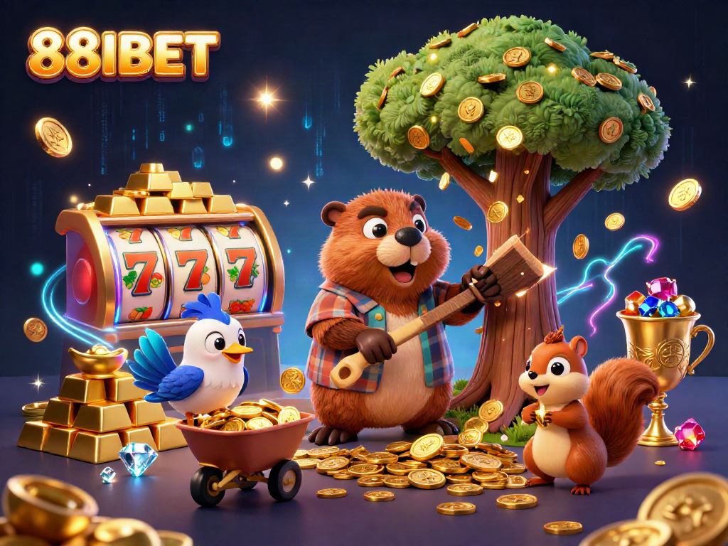 Engage in the exciting world of 88IBET with dynamic casino elements featuring vibrant characters and golden treasures.