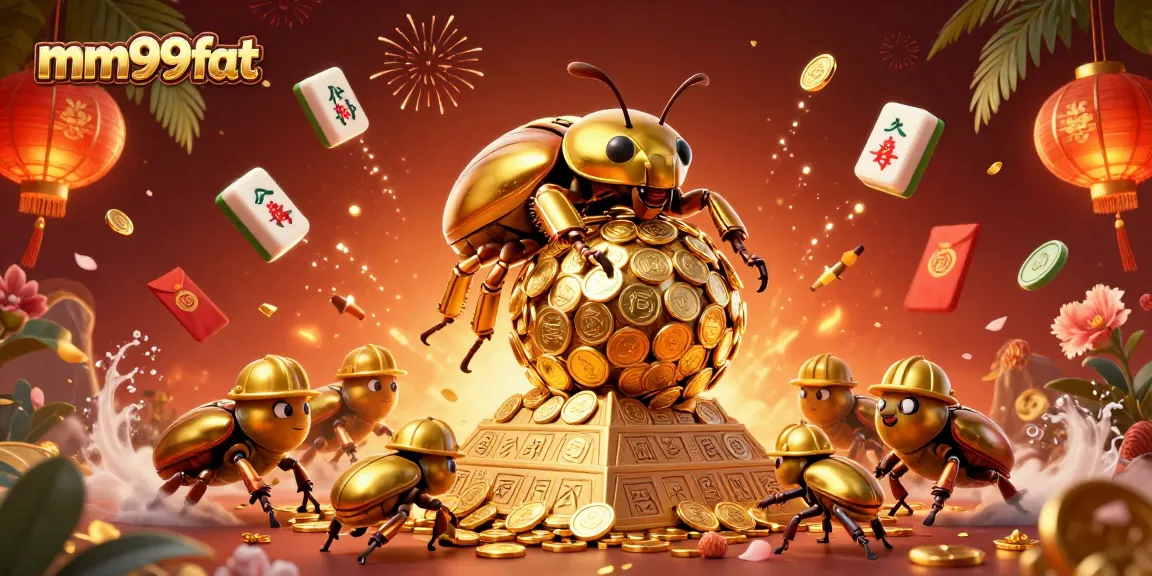 Explore the vibrant world of mm99fat with a golden dung beetle rolling coins in a dynamic casino scene.