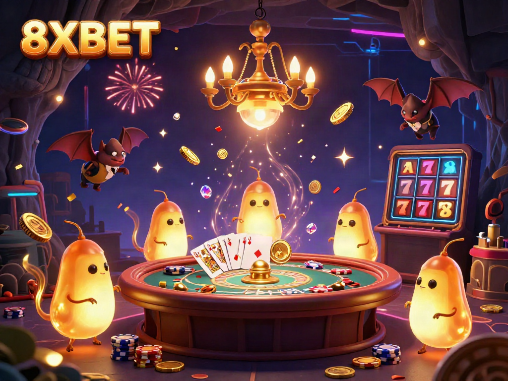 Experience the excitement of 8XBET in a vibrant casino illuminated by glowworms and dynamic game elements.