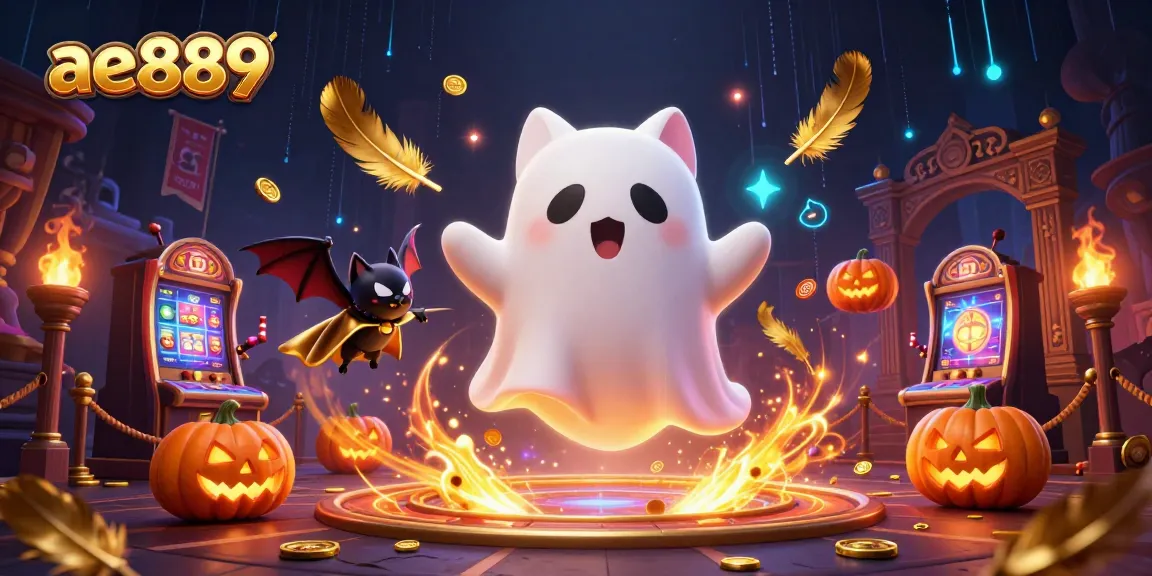 Engage in thrilling gameplay at ae889 with a captivating ghost cat and vampire bat amidst a haunted casino.