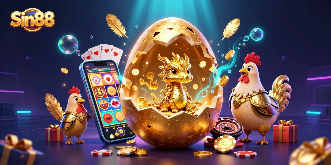 Experience the thrill at Sin88 with golden egg characters, poker chips, and slot games.