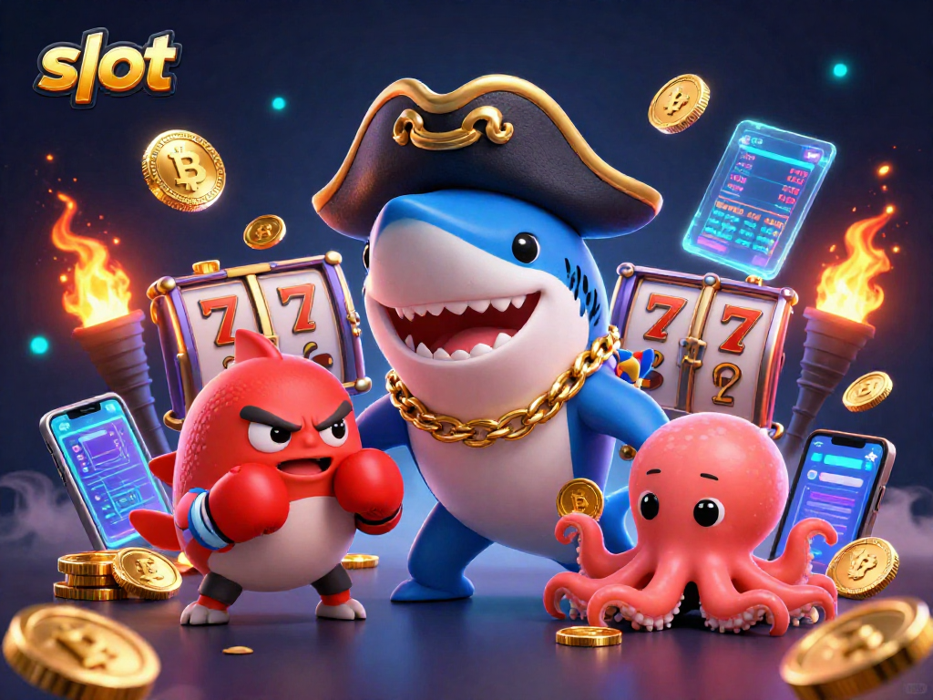 Spin the slot reels with the pirate shark, showcasing gold coins and crypto elements in a vibrant casino scene.