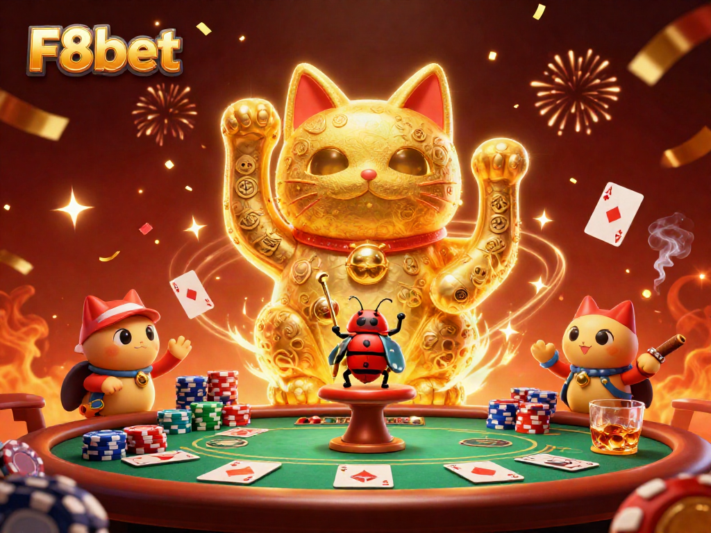 Experience the vibrant 3D illustration of F8bet's golden lucky cat in a lively casino scene.