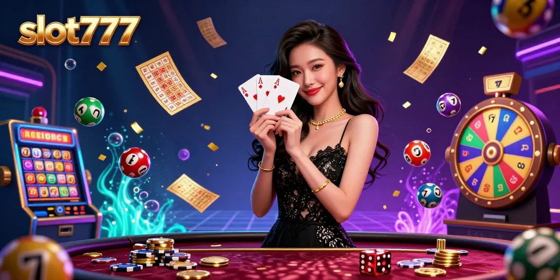 Experience slot777 thrills as a stylish Asian woman wins at the casino with ace cards amidst dynamic gaming elements.