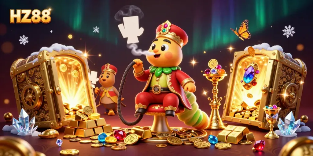Experience the excitement of HZ88 with vibrant casino elements and a captivating caterpillar character.
