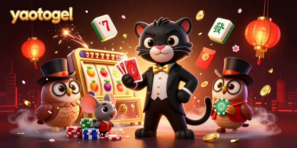 Engage with yaotogel as a stylish black panther deals cards amidst vibrant casino elements.