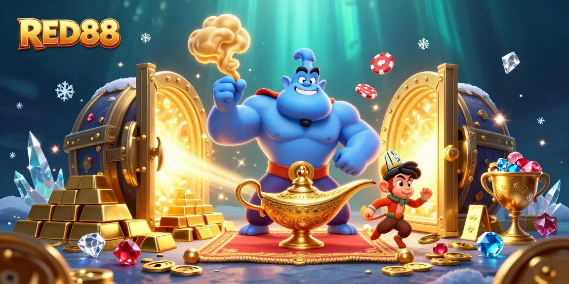 Step into the magic with RED88's vibrant 3D casino illustration filled with excitement and treasures.