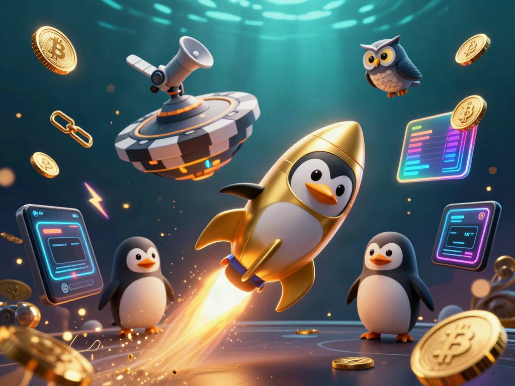 Engage with go99ca's exhilarating gaming universe, featuring a golden penguin rocket and vibrant crypto visuals.