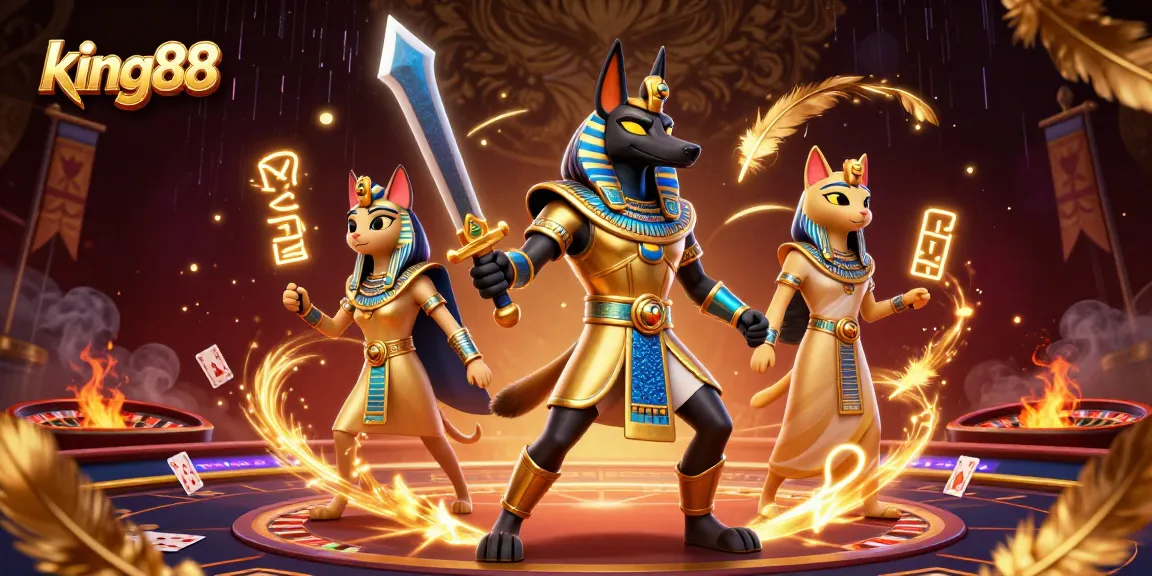 Experience the thrill of king88 with Anubis and Bastet engaging in a captivating Live Casino setting.
