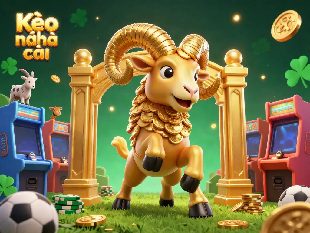 Kèo nhà cái showcases vibrant sports betting elements with a golden ram character charging through a dynamic casino scene.