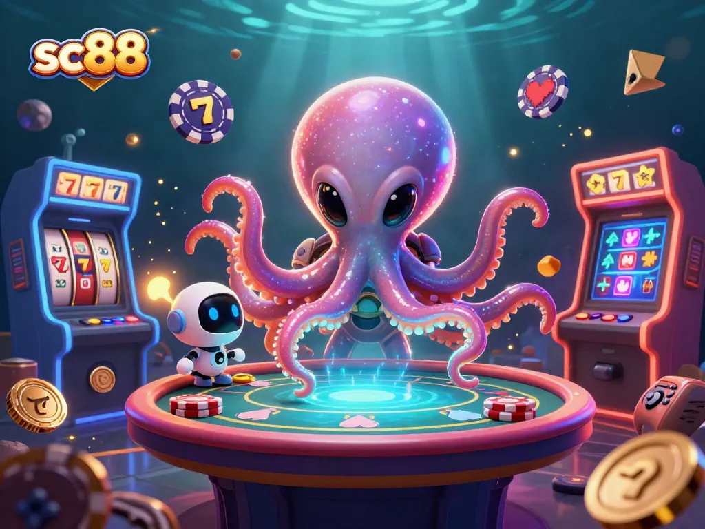 Engage with the sc88 casino gaming universe featuring an alien octopus at a poker table surrounded by vibrant slot elements.