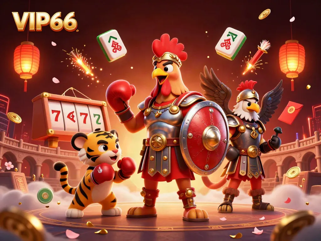 Experience VIP66 casino fun with a gladiator rooster, lucky symbols, and vibrant colors.