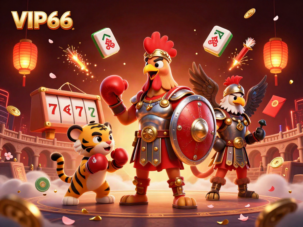 Experience VIP66 casino fun with a gladiator rooster, lucky symbols, and vibrant colors.