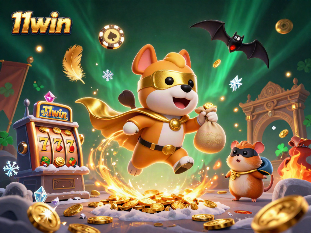 Engage in thrilling slots with 11win featuring a heroic dog character amidst dynamic gold coin action.