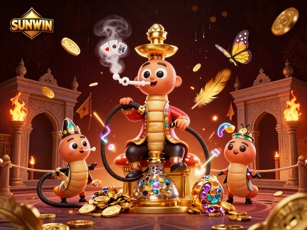 SUNWIN engages players with dynamic visuals of a hookah-master in a lavish setting, showcasing thrilling casino elements.