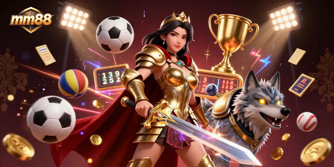 Experience the excitement of mm88 with dynamic 3D illustration of a warrior queen and sports elements.