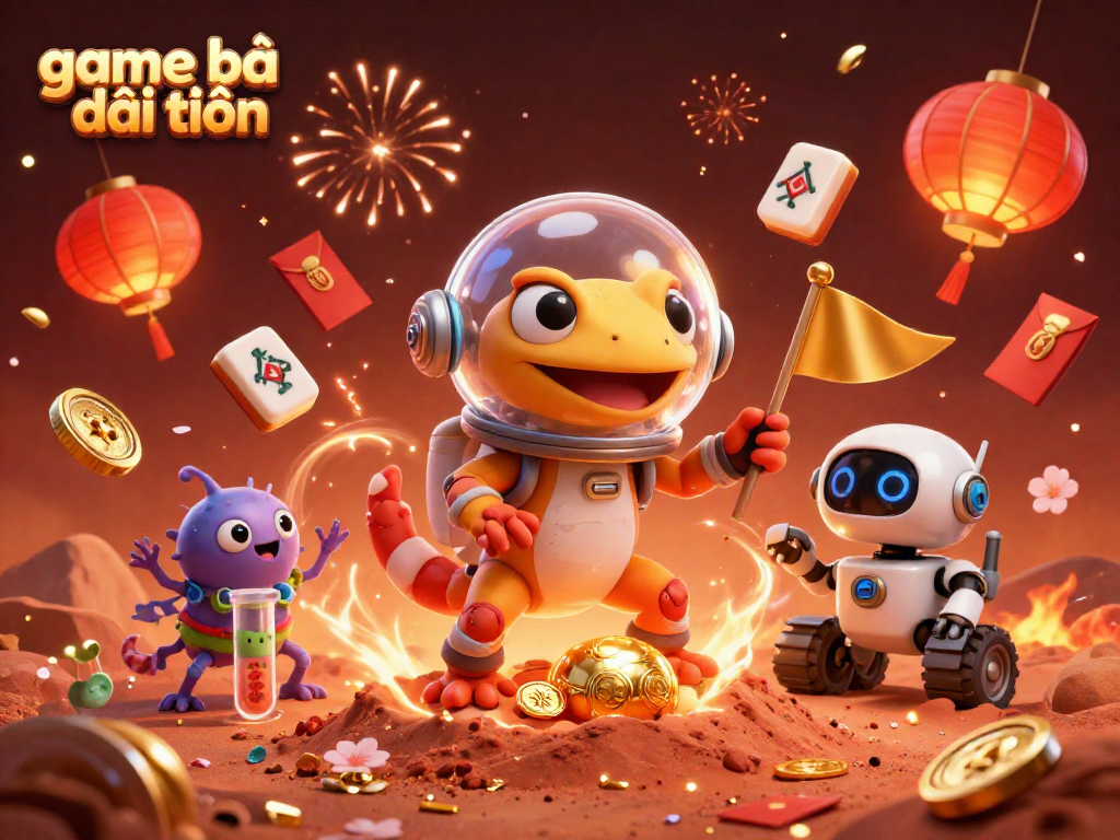 Experience the excitement of game bài đổi thưởng with a Martian gecko and casino elements in a vibrant scene.