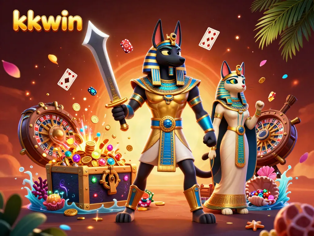 Engage in kkwin gaming with vibrant 3D Anubis and gaming elements in a rich casino setting.
