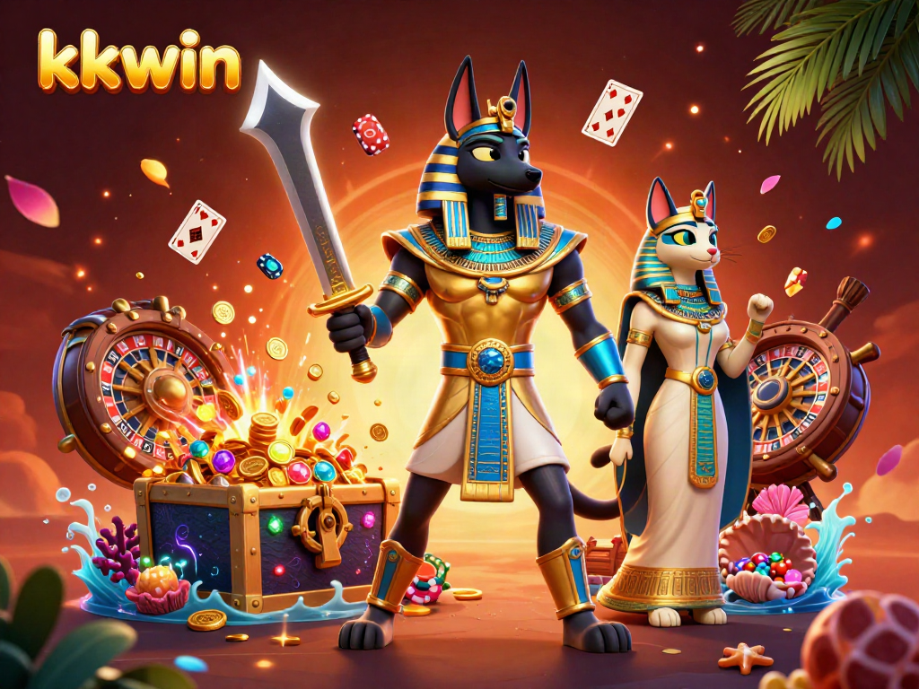 Engage in kkwin gaming with vibrant 3D Anubis and gaming elements in a rich casino setting.