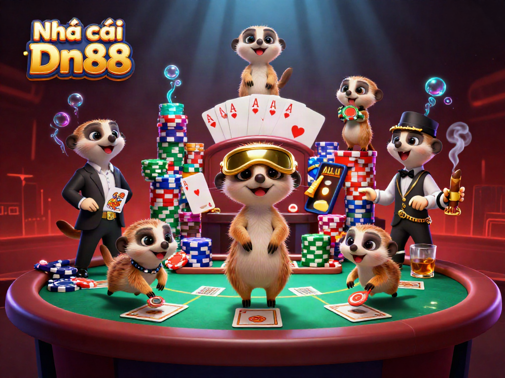 Engage with Nhà cái Dn88's exciting casino scene featuring meerkats running a vibrant poker game.