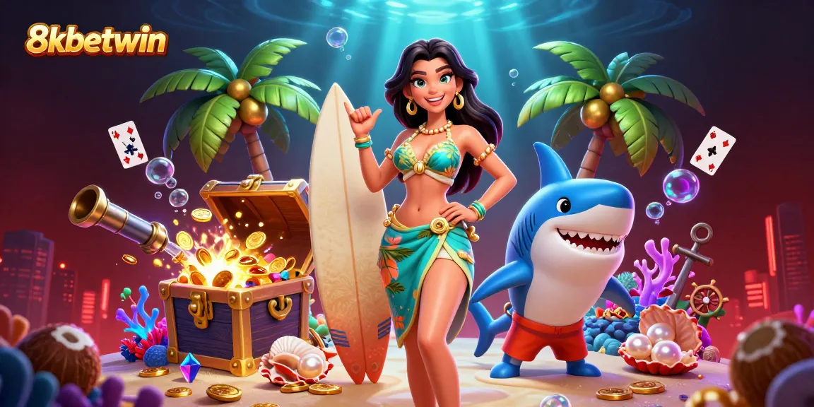 Win big with 8kbetwin as a glamorous goddess and surfer shark celebrate together!