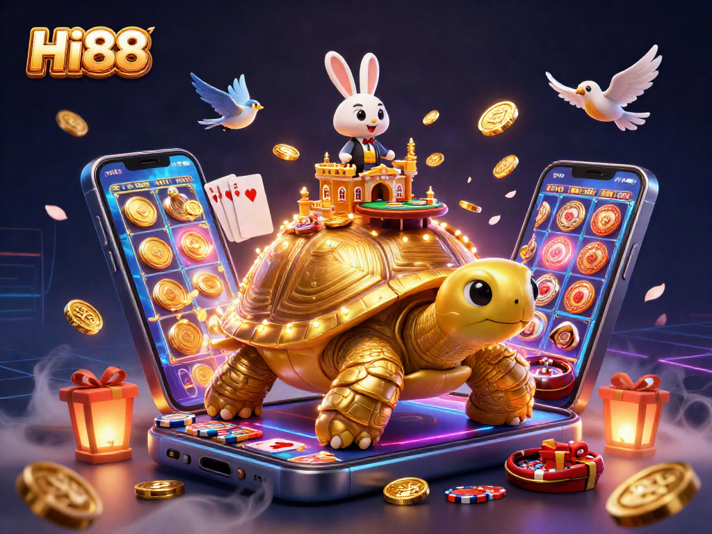 Join the excitement at Hi88 where golden coins rain down as the rabbit dealer shuffles cards.