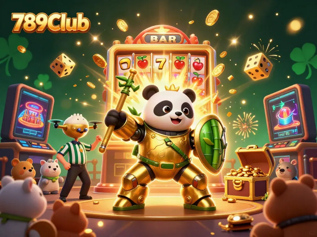 Experience the excitement of 789Club with this dynamic casino arena scene featuring a golden panda in action.